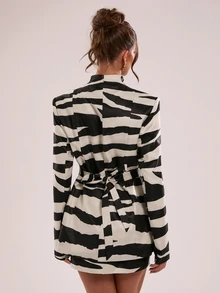 SHEIN BAE Zebra Print Low Cut Blazer Skirt Set For Women Fall 2026 Sexy Slim Fit Long Sleeve Blazer And Mini Skirt Animal Print Two Piece - Black and White - View 6
