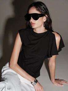 Anewsta Essential Women's French Elegant Design Asymmetrical Hem Sleeveless Versatile Commute Casual Top - Black - View 3