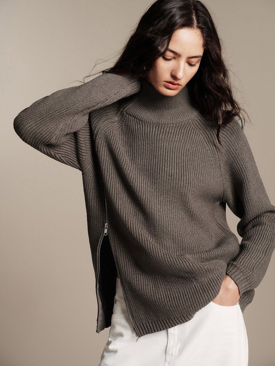 Anewsta Essential Women's Fall/Winter Elegant French Grey High Neck Side Zipper Knit Cardigan Casual For Church Ceremony