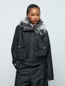 COUREZ Detachable Faux Fur Collar Oversized Denim Jacket /Y2K Fall Outfit For Women Jean Jackets Autumn Clothes Denim Jackets Denim Coats Fall Clothes - Black - View 4