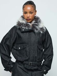 COUREZ Detachable Faux Fur Collar Oversized Denim Jacket /Y2K Fall Outfit For Women Jean Jackets Autumn Clothes Denim Jackets Denim Coats Fall Clothes - Black - View 6