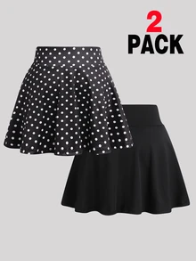 SHEIN Sparklyn 2件組女童裙子，波點與純色設計，防走光裙，百搭修身A字裙，校園與日常穿著必備 - 黑色 - 查看 2
