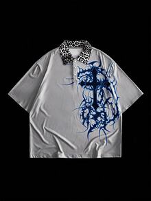 ROMWE MEN Street Life 男士哥德風深色十字印花豹紋領 Polo 衫 - 淺灰色 - 查看 5