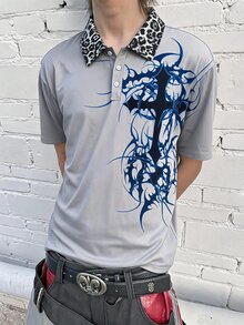 ROMWE MEN Street Life 男士哥德風深色十字印花豹紋領 Polo 衫 - 淺灰色 - 查看 1