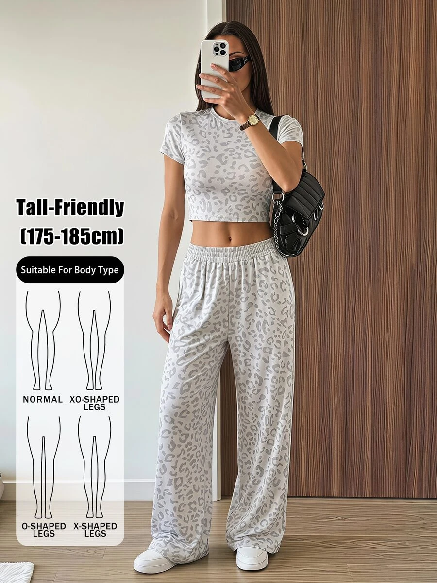 SHEIN Tall Setelan Dua Potong Bergaya dan Kasual untuk Wanita Tinggi: Kaos dan Celana Motif Leopard. - MultiWarna - View 1