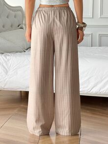 SHEIN PETITE بنطلون مستقيم الساق مخطط باللون الكاكي للنساء الصغيرات (ملابس عمل أنيقة) - كاكي - مشاهدة 2