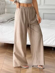 SHEIN PETITE بنطلون مستقيم الساق مخطط باللون الكاكي للنساء الصغيرات (ملابس عمل أنيقة) - كاكي - مشاهدة 3