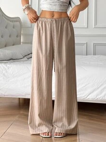 SHEIN PETITE بنطلون مستقيم الساق مخطط باللون الكاكي للنساء الصغيرات (ملابس عمل أنيقة) - كاكي - مشاهدة 6