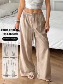 SHEIN PETITE بنطلون مستقيم الساق مخطط باللون الكاكي للنساء الصغيرات (ملابس عمل أنيقة) - كاكي - مشاهدة 4