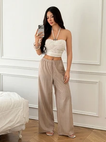 SHEIN PETITE بنطلون مستقيم الساق مخطط باللون الكاكي للنساء الصغيرات (ملابس عمل أنيقة) - كاكي - مشاهدة 5