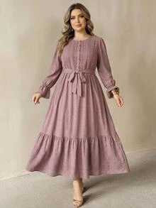 SHEIN CURVE+ Plus Size Autumn Casual Solid Color Long Sleeve Dress Fall - Pink - View 4