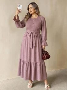 SHEIN CURVE+ Plus Size Autumn Casual Solid Color Long Sleeve Dress Fall - Pink - View 5