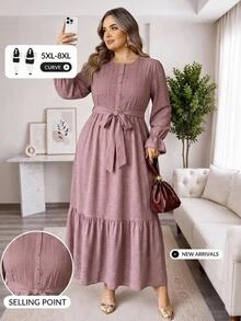 SHEIN CURVE+ Plus Size Autumn Casual Solid Color Long Sleeve Dress Fall - Pink - View 1