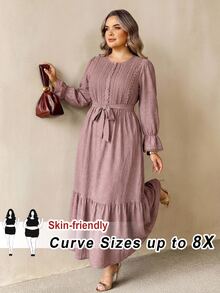 SHEIN CURVE+ Plus Size Autumn Casual Solid Color Long Sleeve Dress Fall - Pink - View 9