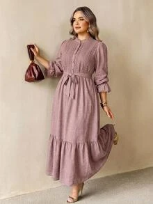 SHEIN CURVE+ Plus Size Autumn Casual Solid Color Long Sleeve Dress Fall - Pink - View 6