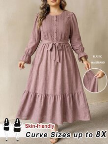 SHEIN CURVE+ Plus Size Autumn Casual Solid Color Long Sleeve Dress Fall - Pink - View 8