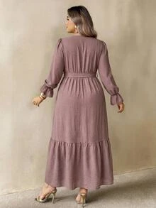 SHEIN CURVE+ Plus Size Autumn Casual Solid Color Long Sleeve Dress Fall - Pink - View 2