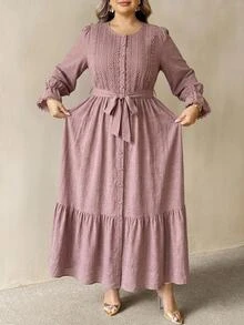 SHEIN CURVE+ Plus Size Autumn Casual Solid Color Long Sleeve Dress Fall - Pink - View 3