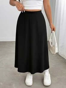 Enliva Plus Size Women's Ribbed Knit Midi Skirt High Waist Elastic Waist Straight Pull On Casual Basic Flattering Compatible With Apple Shape Fall - Black - View 4