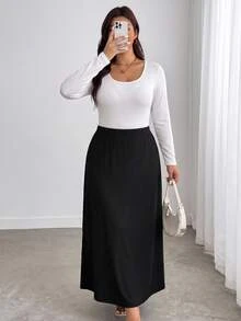 Enliva Plus Size Women's Ribbed Knit Midi Skirt High Waist Elastic Waist Straight Pull On Casual Basic Flattering Compatible With Apple Shape Fall - Black - View 2