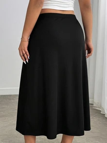 Enliva Plus Size Women's Ribbed Knit Midi Skirt High Waist Elastic Waist Straight Pull On Casual Basic Flattering Compatible With Apple Shape Fall - Black - View 3