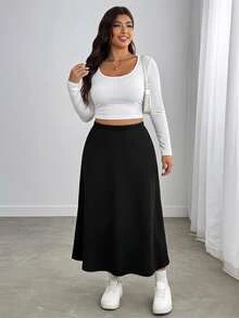 Enliva Plus Size Women's Ribbed Knit Midi Skirt High Waist Elastic Waist Straight Pull On Casual Basic Flattering Compatible With Apple Shape Fall - Black - View 5