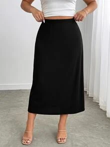 Enliva Plus Size Women's Ribbed Knit Midi Skirt High Waist Elastic Waist Straight Pull On Casual Basic Flattering Compatible With Apple Shape Fall - Black - View 6