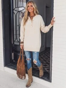 Selianne Sweater dengan Detail Kancing dan Bahu Jatuh - Aprikot - View 3