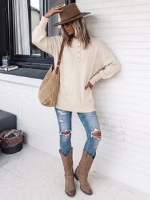 Selianne Sweater dengan Detail Kancing dan Bahu Jatuh - Aprikot - View 4