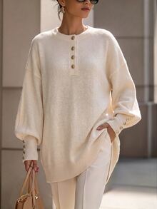 Selianne Sweater dengan Detail Kancing dan Bahu Jatuh - Aprikot - View 1