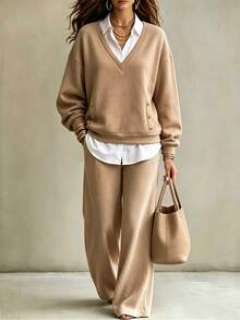 RosyDaze Set 2 Potong Wanita Sweatshirt Kancing Warna Kontras dan Celana Longgar Saku, Gaya Kasual Musim Dingin untuk Brunch dan Liburan Kota, Warna Tan - MultiWarna - View 3