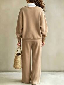 RosyDaze Set 2 Potong Wanita Sweatshirt Kancing Warna Kontras dan Celana Longgar Saku, Gaya Kasual Musim Dingin untuk Brunch dan Liburan Kota, Warna Tan - MultiWarna - View 2