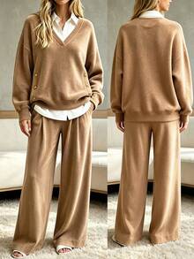RosyDaze Set 2 Potong Wanita Sweatshirt Kancing Warna Kontras dan Celana Longgar Saku, Gaya Kasual Musim Dingin untuk Brunch dan Liburan Kota, Warna Tan - MultiWarna - View 1