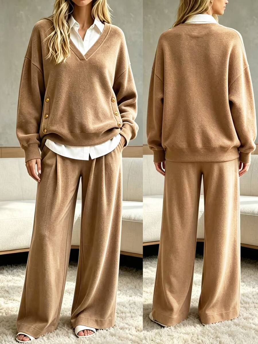 RosyDaze Set 2 Potong Wanita Sweatshirt Kancing Warna Kontras dan Celana Longgar Saku, Gaya Kasual Musim Dingin untuk Brunch dan Liburan Kota, Warna Tan - MultiWarna - View 1