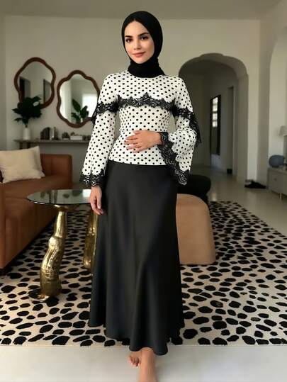 Celisse Women's Lace Patchwork Polka Dot Long Sleeve Top And Pants Casual Daily 2 Pieces Set