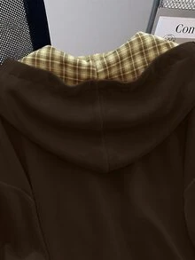 EMERY ROSE Fashionable Casual Style Long Sleeve Plaid Collar Zipper Letter Print Sweatshirt For Women - Coffee Brown - View 4