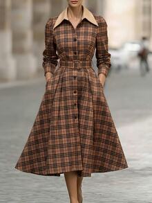 Balvessa French Style Textured Lapel Long Sleeve Slimming Waist Belt Tummy Control Midi Dress - Multicolor - View 7