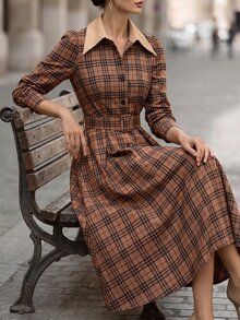 Balvessa French Style Textured Lapel Long Sleeve Slimming Waist Belt Tummy Control Midi Dress - Multicolor - View 5