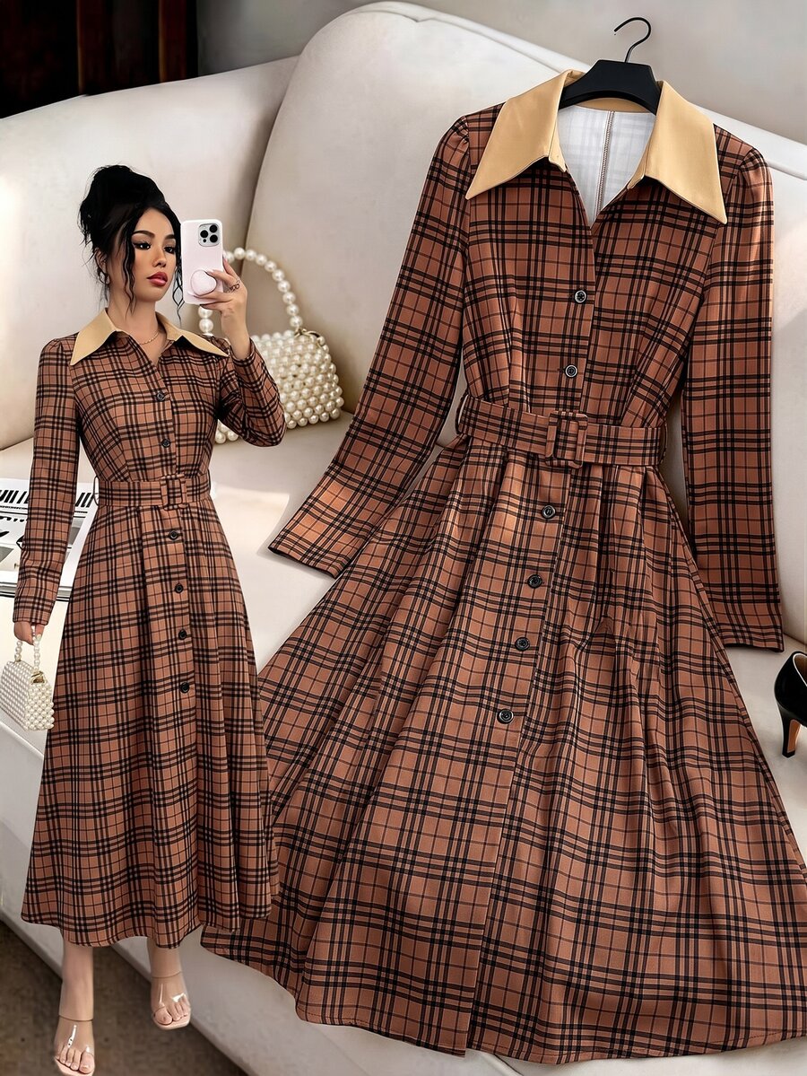 Balvessa French Style Textured Lapel Long Sleeve Slimming Waist Belt Tummy Control Midi Dress - Multicolor - View 1
