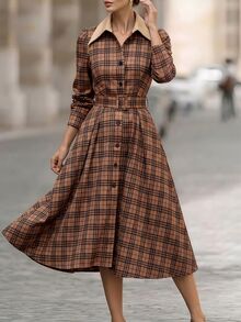 Balvessa French Style Textured Lapel Long Sleeve Slimming Waist Belt Tummy Control Midi Dress - Multicolor - View 3