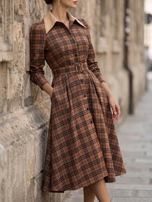 Balvessa French Style Textured Lapel Long Sleeve Slimming Waist Belt Tummy Control Midi Dress - Multicolor - View 4