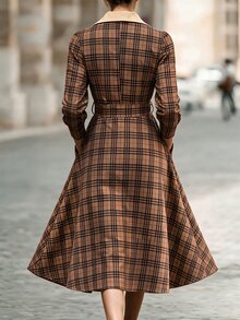 Balvessa French Style Textured Lapel Long Sleeve Slimming Waist Belt Tummy Control Midi Dress - Multicolor - View 2