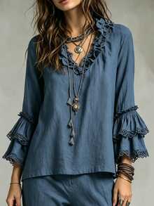 LUMIGAL Blus Wanita Elegan Gaya Boho Warna Polos dengan Lengan Panjang dan Leher V Berenda, Warna Biru Muda Pucat, Cocok untuk Liburan dan Makan Siang di Musim Gugur - Biru - View 4