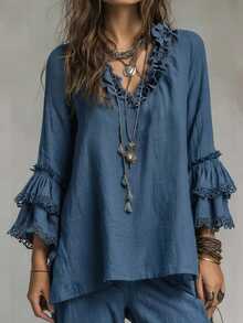 LUMIGAL Blus Wanita Elegan Gaya Boho Warna Polos dengan Lengan Panjang dan Leher V Berenda, Warna Biru Muda Pucat, Cocok untuk Liburan dan Makan Siang di Musim Gugur - Biru - View 5