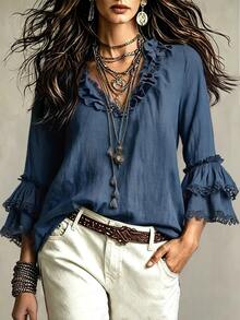 LUMIGAL Blus Wanita Elegan Gaya Boho Warna Polos dengan Lengan Panjang dan Leher V Berenda, Warna Biru Muda Pucat, Cocok untuk Liburan dan Makan Siang di Musim Gugur - Biru - View 1