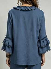 LUMIGAL Blus Wanita Elegan Gaya Boho Warna Polos dengan Lengan Panjang dan Leher V Berenda, Warna Biru Muda Pucat, Cocok untuk Liburan dan Makan Siang di Musim Gugur - Biru - View 2