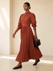 SHEIN Veneréa Women's Solid Color Long Sleeve Button Half-Placket Pleated Hem Long Dress - Brown - View 5