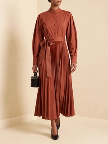 SHEIN Veneréa Women's Solid Color Long Sleeve Button Half-Placket Pleated Hem Long Dress - Brown - View 6