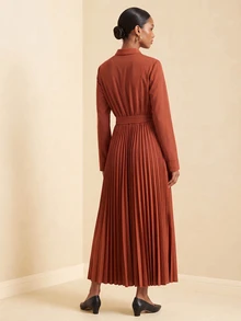 SHEIN Veneréa Women's Solid Color Long Sleeve Button Half-Placket Pleated Hem Long Dress - Brown - View 2