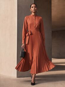 SHEIN Veneréa Women's Solid Color Long Sleeve Button Half-Placket Pleated Hem Long Dress - Brown - View 4
